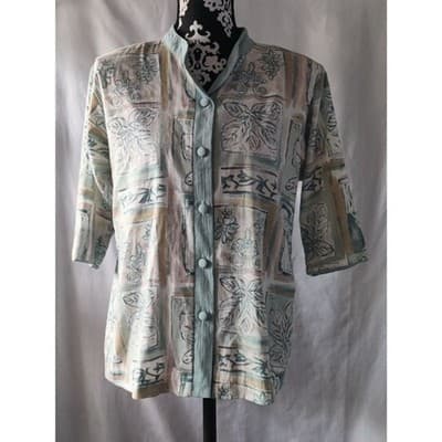 Lighthouse Point Women's Floral Top Button Front Short Sleeve Ivory Size Small - Image 1