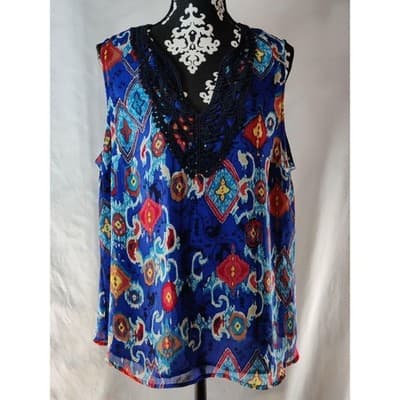 VTG. Jones New York Womens Floral Sleeveless Top Blouse Lace Neckline Blue XL - Image 1