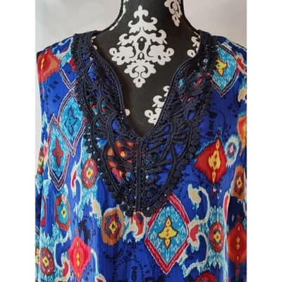 VTG. Jones New York Womens Floral Sleeveless Top Blouse Lace Neckline Blue XL - Thumbnail 2