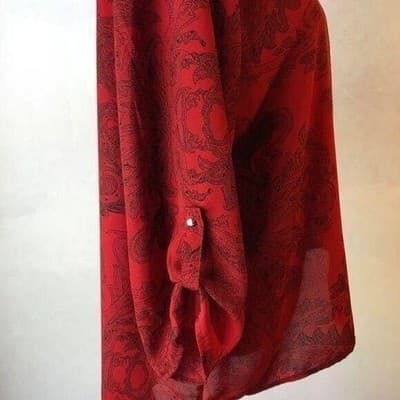 Sami & Jo Womens Top SZ PXL 3/4 Sleeve Red/Black Floral Scoop Neck High Low Hem - Thumbnail 4