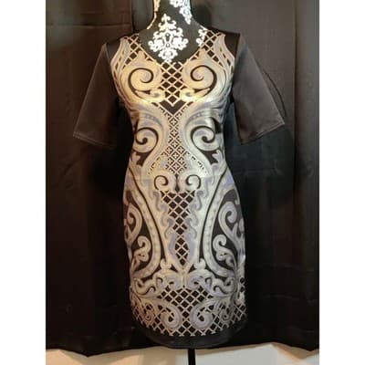 Mezzanine Black Gold Blue Geometric Print Sheath Dress Size M - Image 1