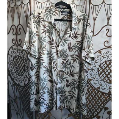 VTG. Nautica Hawaiian Leaf Button Front Shirt Short Sleeve Silk White Size XXL - Thumbnail 2