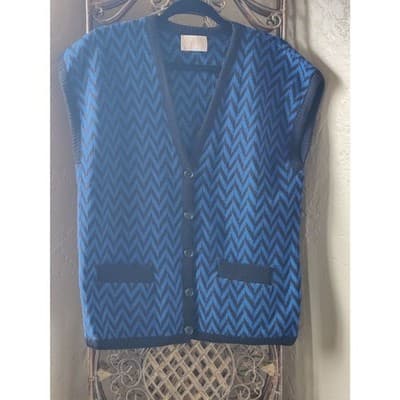 Vintage Pendleton Wool Sweater Vest Womens Size L Blue Black Chevron Pockets - Thumbnail 2