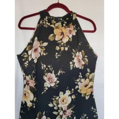 Women's Size 1X Dice Floral Print Sleeveless Halter Neck A Line Dress - Thumbnail 3