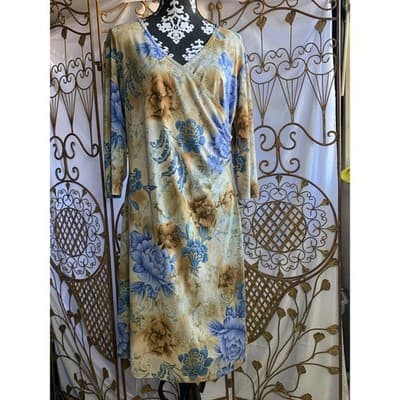 Michael Taylor Apparel Floral Wrap Dress Long Sleeve V Neck Midi - Thumbnail 3