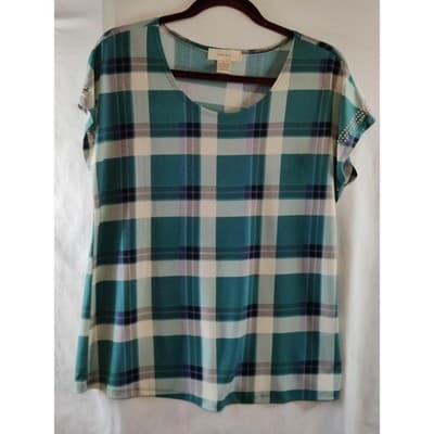 Diana Belle Womens Teal Plaid Rhinestone Accent Short Sleeve Blouse Top Large - Image 1