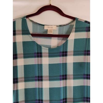 Diana Belle Womens Teal Plaid Rhinestone Accent Short Sleeve Blouse Top Large - Thumbnail 2