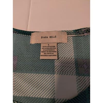 Diana Belle Womens Teal Plaid Rhinestone Accent Short Sleeve Blouse Top Large - Thumbnail 4
