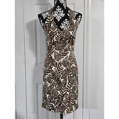 Jones New York Signature Leaf Print Halter Dress Size 4 Brown White Sleeveless - Image 1