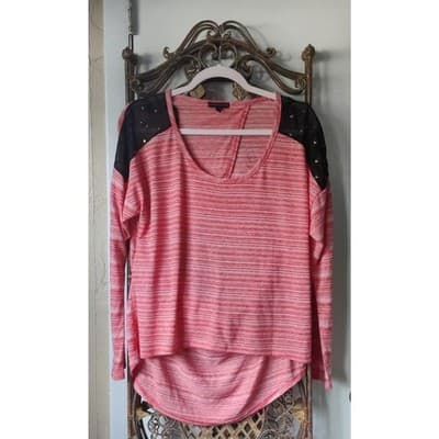 Material Girl Womens Top Sz L Orange & White Striped Stretch Open Back Long Slee - Image 1