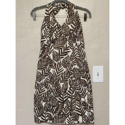 Jones New York Signature Leaf Print Halter Dress Size 4 Brown White Sleeveless - Thumbnail 12