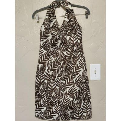 Jones New York Signature Leaf Print Halter Dress Size 4 Brown White Sleeveless - Thumbnail 9