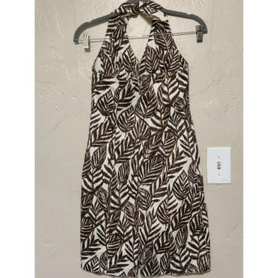 Jones New York Signature Leaf Print Halter Dress Size 4 Brown White Sleeveless - Thumbnail 11