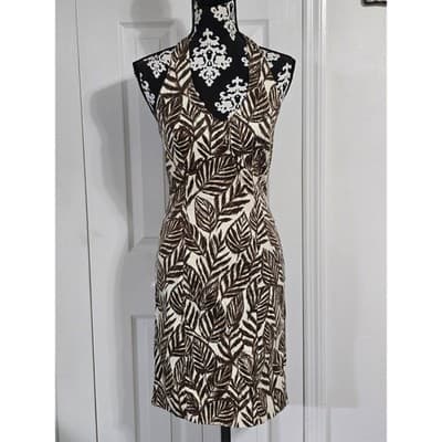 Jones New York Signature Leaf Print Halter Dress Size 4 Brown White Sleeveless - Thumbnail 17