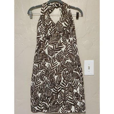 Jones New York Signature Leaf Print Halter Dress Size 4 Brown White Sleeveless - Thumbnail 16