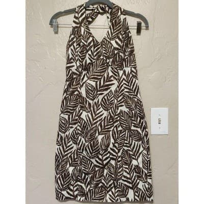 Jones New York Signature Leaf Print Halter Dress Size 4 Brown White Sleeveless - Thumbnail 14