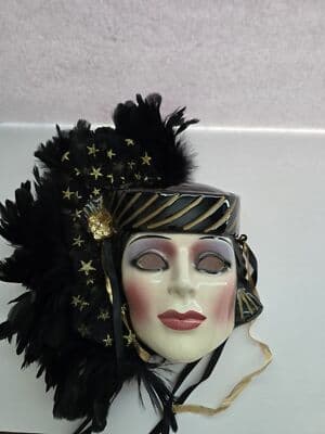 Clay Art San Francisco13" Black Mardi Gras Rising Star Feather Face Mask - Image 1