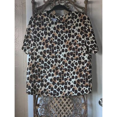 Ship n Shore Petites Leopard Print Short Sleeve Blouse Brown Tan Crew Neck Top - Thumbnail 2