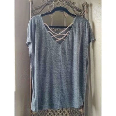 Gap Womens XL Gray Linen Blend Strappy Lattice Back Short Sleeve Top Tee - Image 1