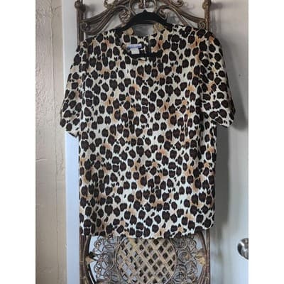 Ship n Shore Petites Leopard Print Short Sleeve Blouse Brown Tan Crew Neck Top - Thumbnail 3