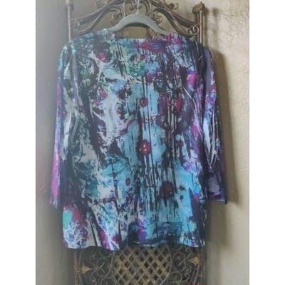 Breckenridge Womens Blue Purple Abstract Print V-Neck 3/4 Sleeve Top Size L - Thumbnail 2