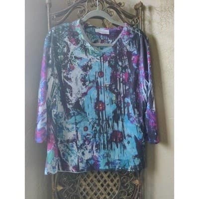 Breckenridge Womens Blue Purple Abstract Print V-Neck 3/4 Sleeve Top Size L - Image 1