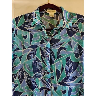 Drapers & Damons Blue Teal Abstract Leaf Print Button Front Blouse Metallic Smal - Thumbnail 2
