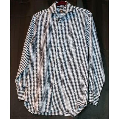 Peter Millar Mens Button Up Long Sleeve Plaid Shirt Check Blue & White Size 15.5 - Image 1
