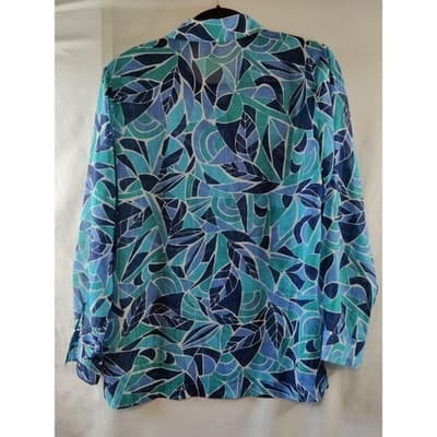Drapers & Damons Blue Teal Abstract Leaf Print Button Front Blouse Metallic Smal - Thumbnail 3