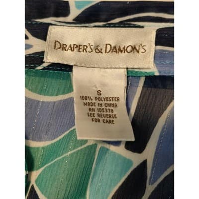 Drapers & Damons Blue Teal Abstract Leaf Print Button Front Blouse Metallic Smal - Thumbnail 4