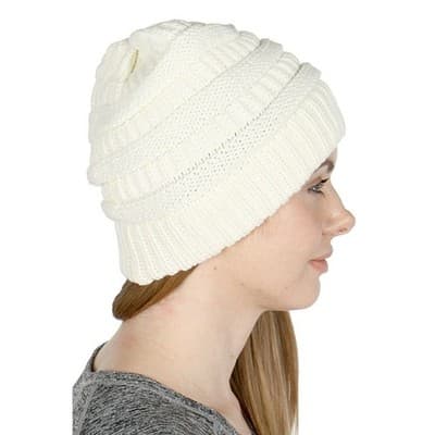 White C.C Women Solid Slouchy Knit Beanie Cap Hat - Thumbnail 6