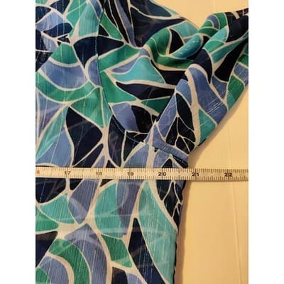 Drapers & Damons Blue Teal Abstract Leaf Print Button Front Blouse Metallic Smal - Thumbnail 8