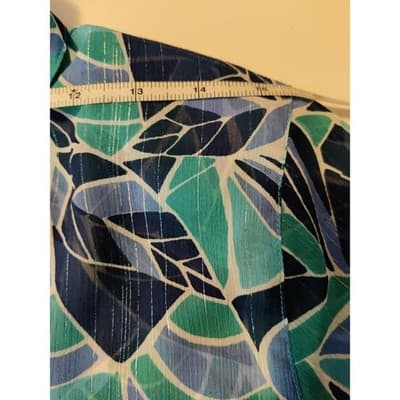 Drapers & Damons Blue Teal Abstract Leaf Print Button Front Blouse Metallic Smal - Thumbnail 7
