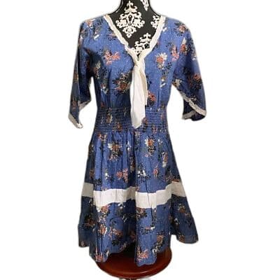 Jayita Women's Floral Print Short Dress Blue Cotton V-Neck Size S Casual Summer - Image 1