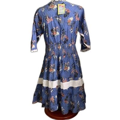 Jayita Women's Floral Print Short Dress Blue Cotton V-Neck Size S Casual Summer - Thumbnail 2