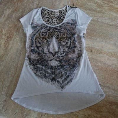 LA TEEZ DOWNTOWN Womens White Tiger Face Rhinestone Lace Back T Shirt M - Thumbnail 9