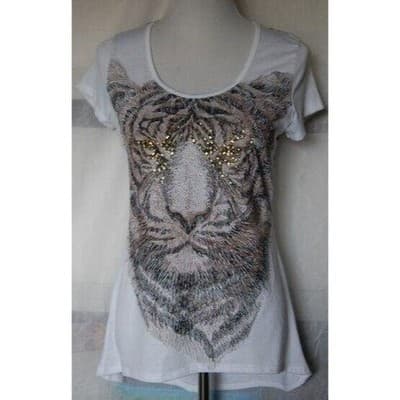 LA TEEZ DOWNTOWN Womens White Tiger Face Rhinestone Lace Back T Shirt M - Thumbnail 10