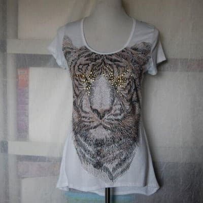LA TEEZ DOWNTOWN Womens White Tiger Face Rhinestone Lace Back T Shirt M - Thumbnail 3