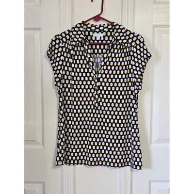 Charter Club Womens Geometric Print Short Sleeve Collared Shirt Top Size L - Image 1