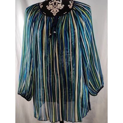Ruby Rd Striped Sheer Blouse Tunic Long Sleeve Women's Size L Blue Green - Image 1