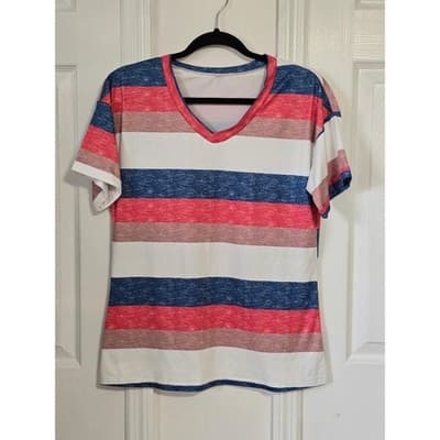 Womens Striped V Neck T Shirt Red Blue White Casual Top Size S - Thumbnail 9
