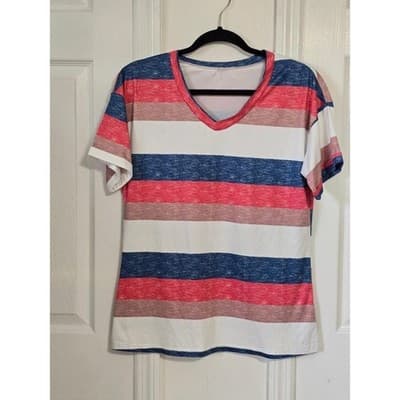 Womens Striped V Neck T Shirt Red Blue White Casual Top Size S - Image 1