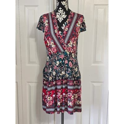 SHEIN Floral Print Wrap Dress Midi Short Sleeve Boho - Thumbnail 12