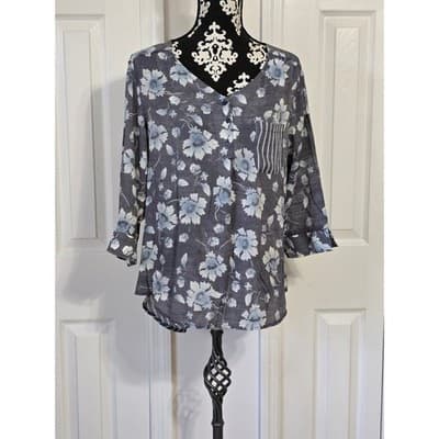 christopher & banks Petite PXL Floral Stripe 3/4 Sleeve V-Neck Tunic Top - Thumbnail 13