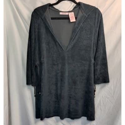 Raviya Womens Velvet Hoodie Dress V-Neck Black 3/4 Sleeve Cotton Size Large - Image 1