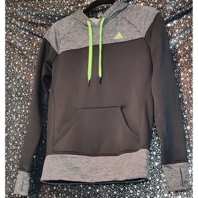 Adidas Climawarm Hoodie Womens XS Black Grey Neon Green Pullover Thumbholes - Image 1