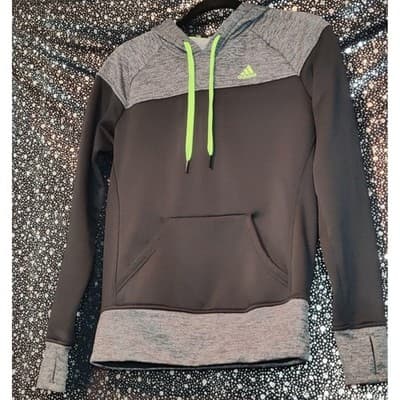 Adidas Climawarm Hoodie Womens XS Black Grey Neon Green Pullover Thumbholes - Thumbnail 9