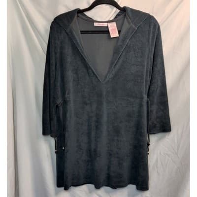 Raviya Womens Velvet Hoodie Dress V-Neck Black 3/4 Sleeve Cotton Size Large - Thumbnail 2