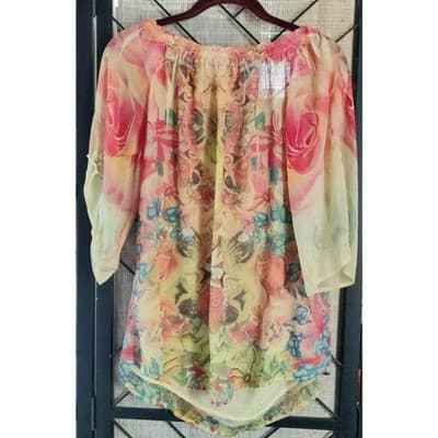 Live and Let Live Women Short Sleeve Blouse Top Orange & Yellow Floral Sz M - Thumbnail 4