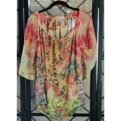 Live and Let Live Women Short Sleeve Blouse Top Orange & Yellow Floral Sz M - Image 1